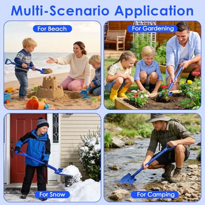 2 Pack Metal Beach Sand Shovels for Kids, 27 Inch Heavy Duty Small Shovels for Digging, Camping, Gardening, Planting, Mini Spade with D-Grip Handle, Blue