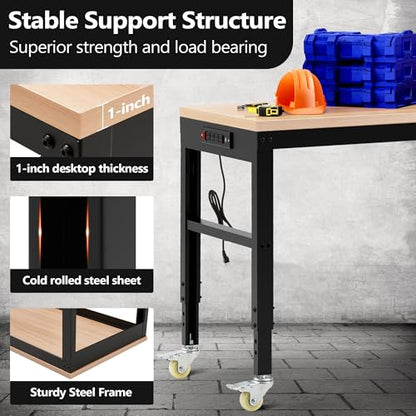 Antifir 60" Adjustable Workbench, Heavy Duty Wood Workstation - size: 60x24" With Wheel