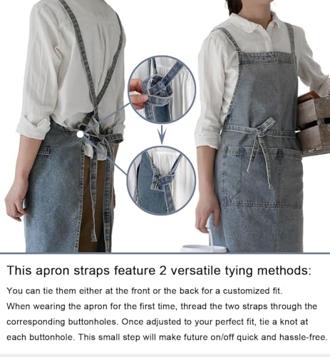 Denim Bib Apron for Women Men, Unisex Cross Back Aprons with Large Pockets - color: Style a - Deep Blue