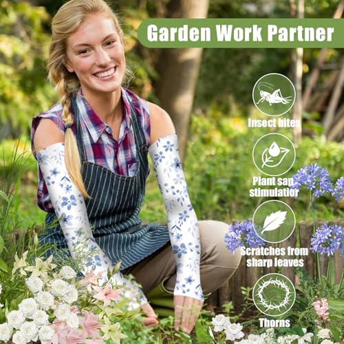 Gardening Sleeves for Women UV Sun Protection with Thumb Hole Anti-Scratch - color: Blue Floral