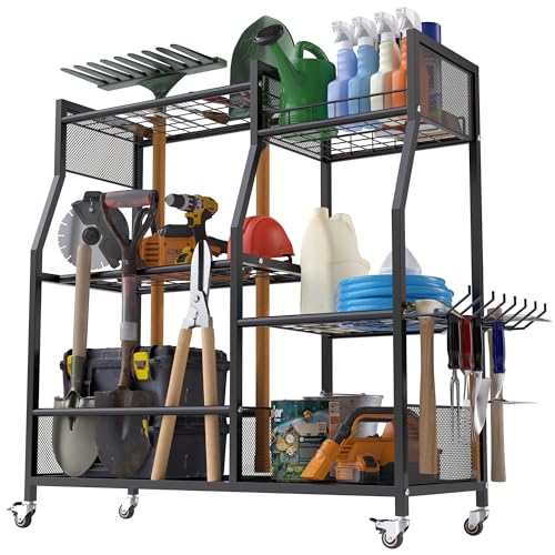 HOTEAGLE Garden Tool Organizer for Garage with 35.4” Width(High Stability), Outdoor Metal Utility Rolling Carts with Mute Wheels & 18.5mm Thick Rods, Easy to Clean, Black