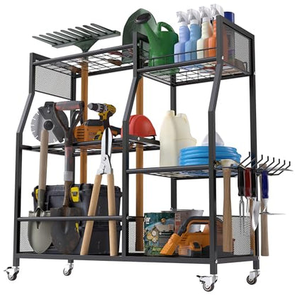 HOTEAGLE Garden Tool Organizer for Garage with 35.4” Width(High Stability), Outdoor Metal Utility Rolling Carts with Mute Wheels & 18.5mm Thick Rods, Easy to Clean, Black