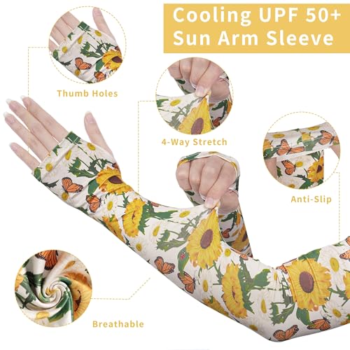 FISHEAL Sun Protection Gardening Sleeves - Women Men UV UPF 50+ Cooling Arm Sleeves with Thumbholes Farming Fishing Outdoors - color: Sunflower, size: Large