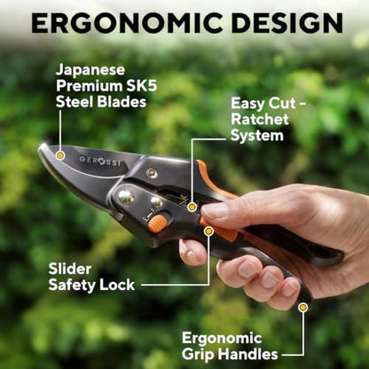 Gerossi Ratchet Pruning Shears Heavy Duty, Hand Pruners for Gardening - color: Orange