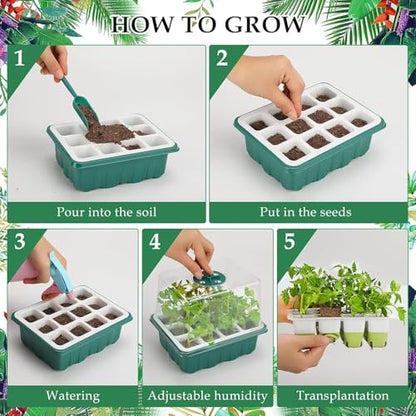 Seed Starter Tray with Grow Light, 48 Cells Indoor Seed Starter Kit, Flexible Silicone Seedling Starter Trays, Germination Tray Kit with Humidity Dome & Lids(4in Height), Reusable & Dishwasher Safe
