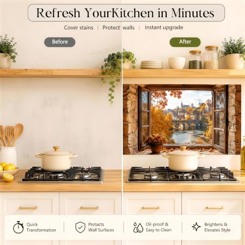 Autumn Village Backsplash Sticker 17.3 x 28 in Peel and Stick PVC - color: Colorful1601
