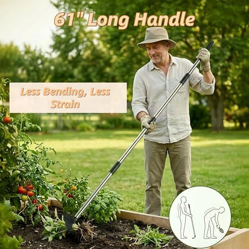 Weed Puller Tool with Long Handle, 2 in 1 Weed Rake and Garden Hoe, Heavy Duty Steel Manual Weeder for Yard, Lawn and Garden, 61 Inch(WP-01)