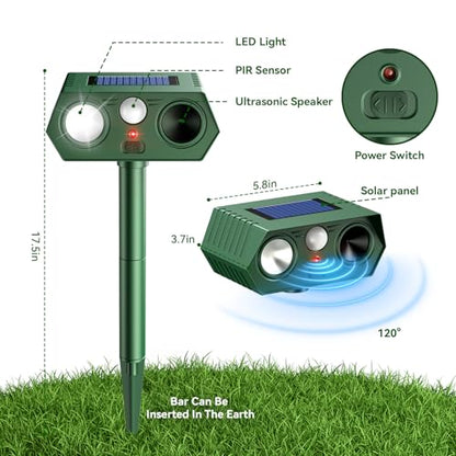 Solar Ultrasonic Animal Repeller, 2026 Upgraded Motion Sensor & Flash Light, IP65 Waterproof Outdoor Repellent for Deer, Cat, Squirrel, Rodent