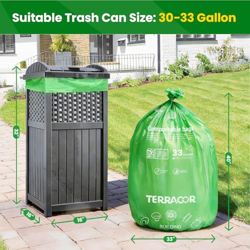 30-33 Gallon Compostable Trash Bags Liners Flat-Top, Heavy Duty Extra Thick 1.28 Mil, 124.92 Liter, 30 Bags, Lawn, Yard, and Restaurant Use, ASTM D6400, US BPI Certified - color: 33 Gal
