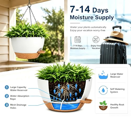 12" Self Watering Hanging Planters with Chains, White Brown, 2 Pack - color: White Brown, size: 2 pack 12 inches
