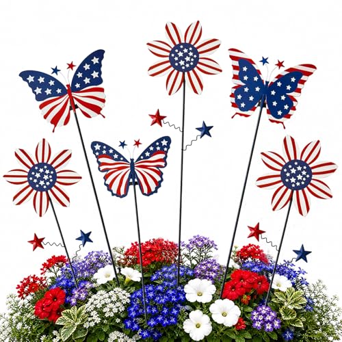 6Pack 4th of July Decorations Outdoor, 18.6Inch Patriotic Metal Flowers Butterfly Decorative Garden Stakes for Independence Day, Americana Patriotic Yard Signs Decor for Garden Lawn Porch - color: Flowers and Butterflies