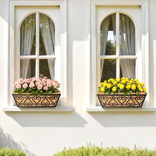2 Pack 16 Inch Deck Railing Planter Box - Window Boxes Planters with Adjustable Brackets Coco Liners Balcony Planters Railing Hanging for Wind - size: 16 Inch