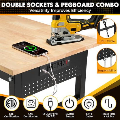 60" Adjustable Workbench with Rubberwood Top & Power Outlet,Large 60 x24Inch 9-Level Height Range 27"-37", 2000 LBS Heavy Duty Capacity for Workshop, Office, Garage, Home - size: 60*24 Inch