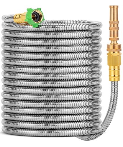 UNCO- Stainless Steel Metal Hose with 4 Function Brass Nozzle, 50 ft, No Kink, Metal Garden Hose