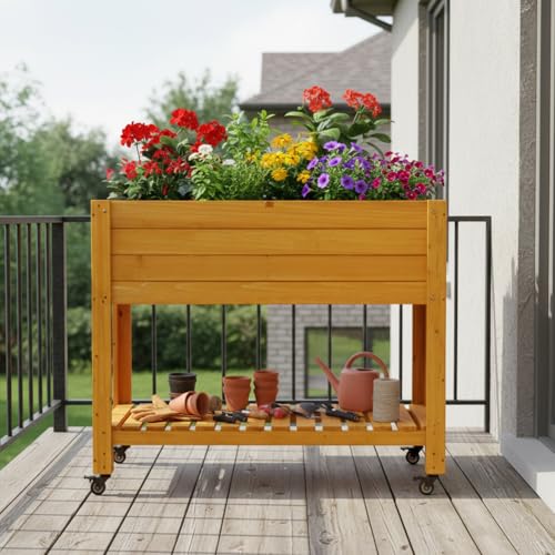 48x24x33 Raised Garden Bed with Wheels, Wood Elevated Planter Box, Natural
