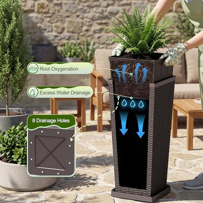 Devoko Resin 24'' Tall Planters, Large Taper Outdoor Planter - color: Brown, size: 24" With Trays