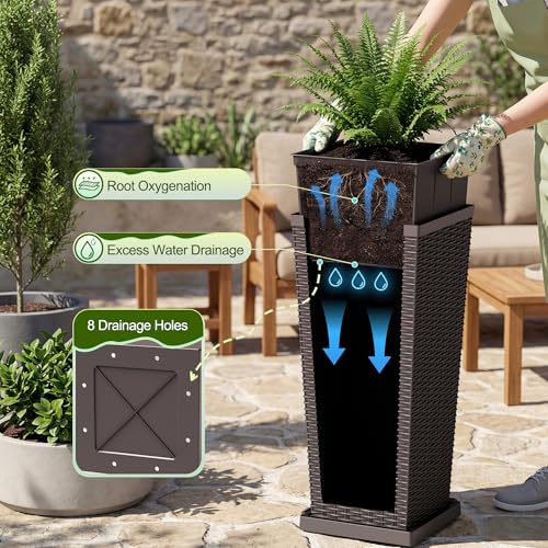 Devoko Resin 24'' Tall Planters, Large Taper Outdoor Planter - color: Brown, size: 24" With Trays