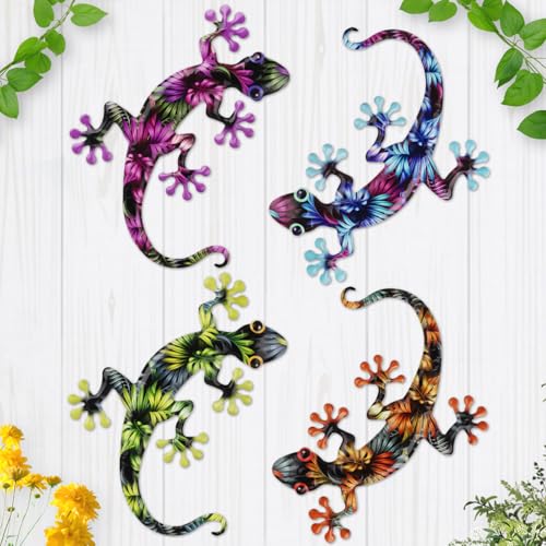 Junware 4 Pcs Metal Gecko Wall Art Outdoor Decor Metal Lizards Wall Decor Lizard 8.7 * 11.8 Inch Suitable for Hanging in Yard Garden Patio Fence Home, Idea Gifts for Mom Father Friends - color: Gecko-B