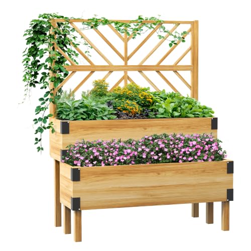 Outsunny 2-Tier Raised Garden Bed with Trellis 42.5"x25.5"x55", Natural - color: Natural, size: 42.5" L x 25.5" W x 55" H