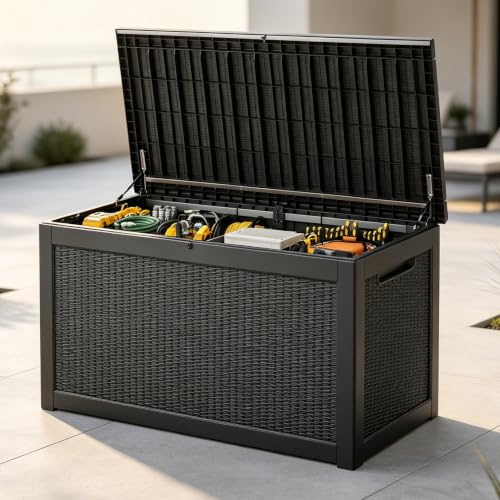 Waterproof Outdoor Storage Box, Resin Patio Organizer,320 Gal,Black - color: Striped Black, style: 320 Gallon