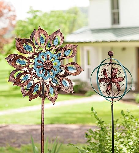 Mesmerizing Copper Lily Wind Spinner Dual-Tone | Petal-in-Petal Design | Independent Rotors | Brushed Copper & Antique Blue |All Seasons | 24" Wx75 H