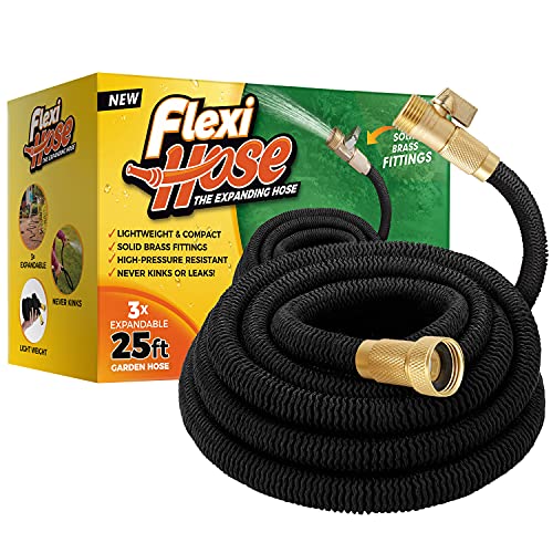 Flexi Hose Lightweight Expandable Garden Hose, 25FT -Retractable Garden Hose, Water Hose - No-Kink Flexibility, 3/4 Inch Solid Brass Fittings and Double Latex Core - size: 25 ft