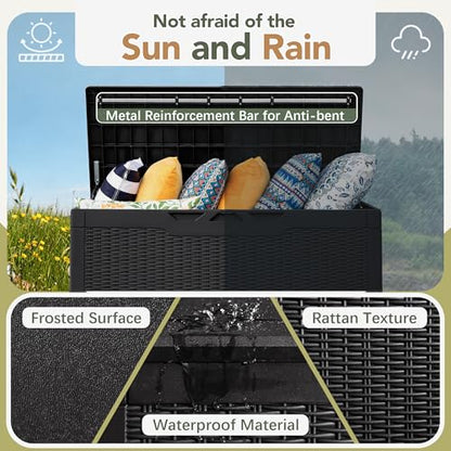 Flamaker Deck Box 98 Gallon Waterproof Resin Storage Box with Cushion - color: Black, size: 98 Gallon