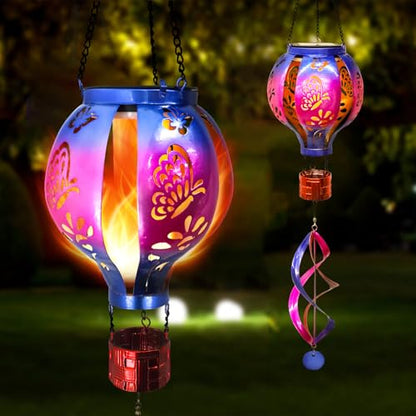 Hot Air Balloon Solar Lantern Butterfly Wind Spinners with Flame Light