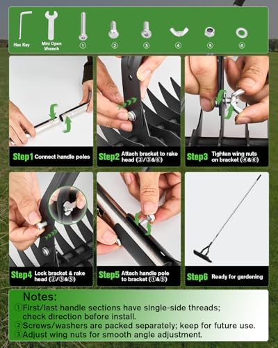 Saker Thatch Rake for Lawn Dethatching with 71" Adjustable Long Handle