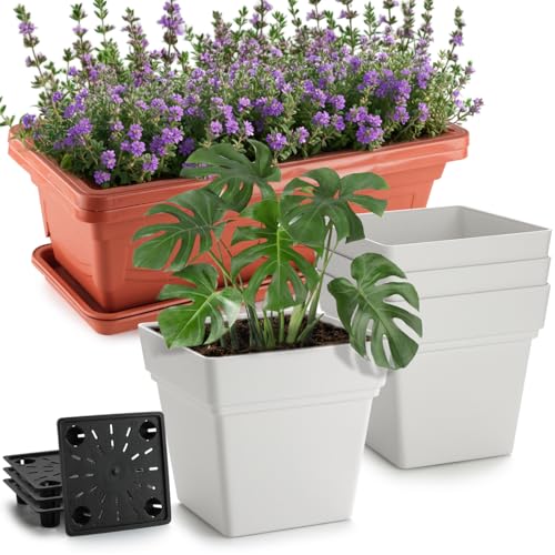 2-Pack 17" Window Box Planters & 4-Pack 7" Square Pots, 4p Square Planters with Built-in Drainage & Stopper, 2p Rectangular Flower Boxes, Heavy-duty Flower Pots BPA-Free for Indoor Outdoor Gardening