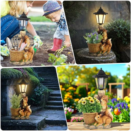 Solar Squirrels Outdoor Statues, Garden Sculpture with Flowerpot & Lantern - color: Squirrels