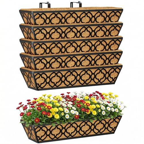 Y&M Deck Railing Planter Boxes, Adjustable Balcony Planter for Outdoor Plants, Metal Railing Planter Box for Deck, Fence and Porch, Window Boxes Outdoor, Sturdy Hanging Planter-24inch 6pcs - size: Flo shape 24in 6P