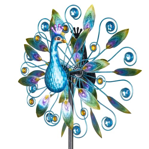Stargarden 58 Inch Peacock Wind Spinner-Double Wind Sculpture - color: Peacock