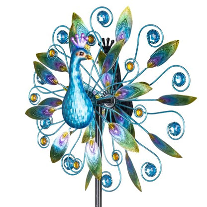 Stargarden 58 Inch Peacock Wind Spinner-Double Wind Sculpture - color: Peacock