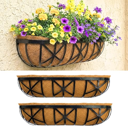 LaLaGreen 30 Inch, 2 Pack Window Boxes Planters – Black Metal Window Boxes for Outdoor Plant, Wall Mount Flower Pot with Coco Coir Liner, Attach to House Fence Balcony Herb for Patio Porch Garden - size: 30'' x 2 pack