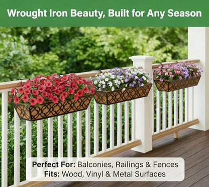 Y&M Deck Railing Planter Boxes, Adjustable Balcony Planter for Outdoor Plants, Metal Railing Planter Box for Deck, Fence and Porch, Window Boxes Outdoor, Sturdy Hanging Planter-24inch 2pcs - size: 2packs 24in-Flower