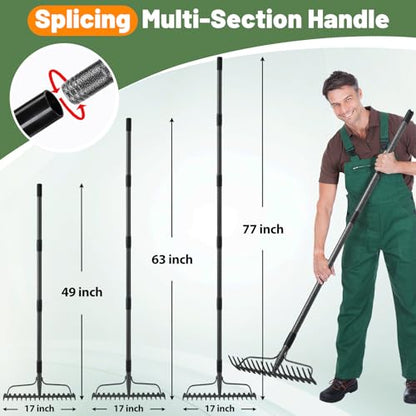 Rake, 17 Tines with 49 Inch Handle, 17 Inch Wide Heavy Duty Garden Thatch Leaf Rake for Raking Leaf Loosening Soil Gathering Mulch Leveling Rocks, Rustproof Metal Bow Rakes for Leaves Grass - style: 49"