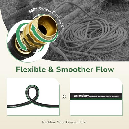 GreatBuddy 100 ft Garden Hose, Flexible Rubber Water Hose 5/8" - size: 100ft