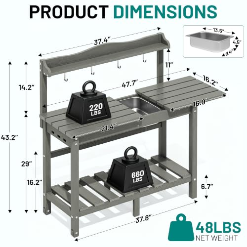 PLUUV Potting Bench with Removeable Sink, Garden Potting Table, Light Grey - color: Light Grey