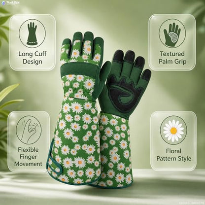 Thornproof Rose&Cactus Gardening Gloves,Gauntlet Garden Glove,Gifts - color: Green Daisy, size: Medium