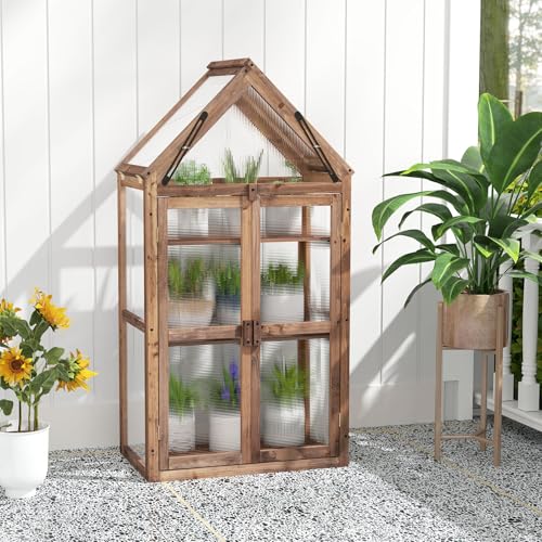 Happygrill Cold Frame, Mini Wooden Green House w/Transparent Openable Roof