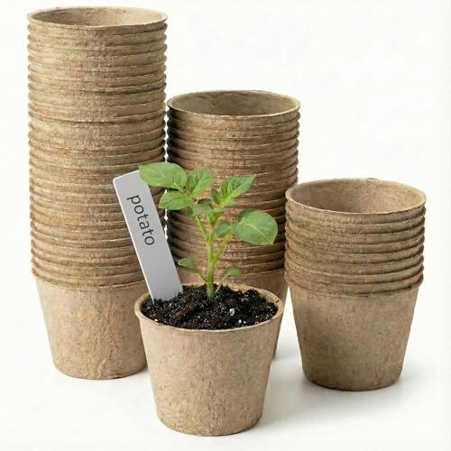 60 Packs 4 Inch Peat Pots with 60 Pcs Plant Labels, Biodegradable Seedling Pots with Drainage Holes, Nursery Pots Breathable Plant Containers, Seed Starter Kit for Vegetables, Flowers