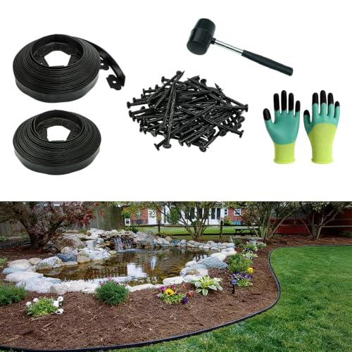 1.5in x 100ft No Dig Landscape Edging, Garden Edging Border with 150 Spikes, Hammer & Gloves, Tool-Free HDPE Lawn Edging Kit for Garden Yard Flower Beds Pathway Landscaping Project - color: Black, size: 1.5in x 100ft