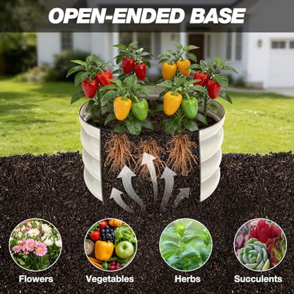 SHALL 3PCs Galvanized Raised Garden Bed Kit, 2x2x1ft Round Planter Boxes Outdoor W/Mini Seed Spreader, Disk Seeder, 2X Seeding Transplanters, Protective Gloves for Flowers Fruits Vegetables Herbs