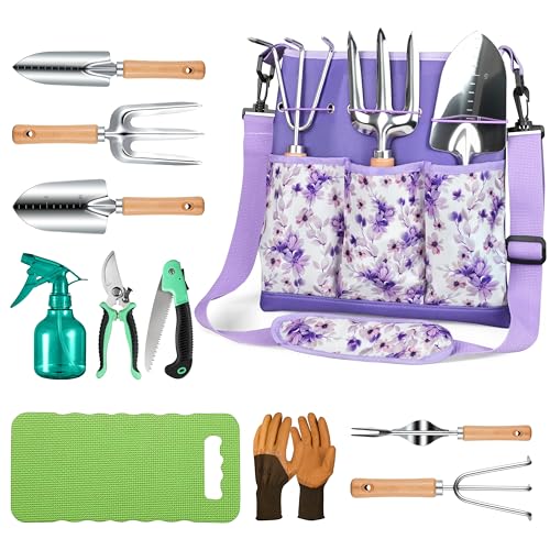 Grenebo Gardening Tools Set, 11-Piece Rust-Proof Kit with Bag, Purple - color: Purple