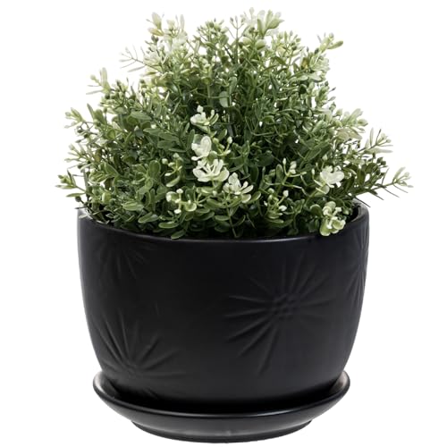 MyGift 7 Inch Black Ceramic Sunburst Planter Pot with Attached Saucer - color: Matte Black
