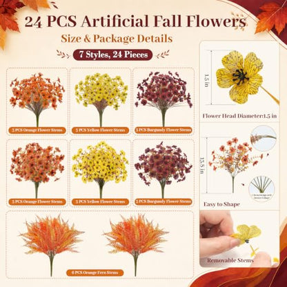 Der Rose 24Pcs Artificial Fall Flowers for Outdoors, Fake Mums and Ferns