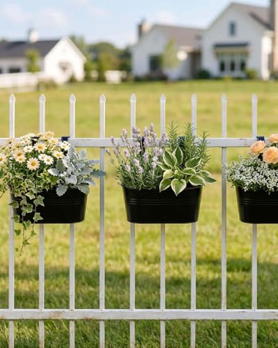11 Inch Railing Planter Box, 5 Pack Metal Hanging Planters with Hooks - color: Black