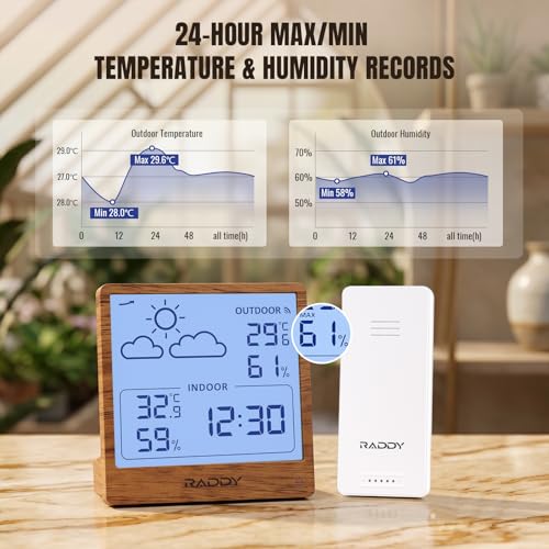 Raddy WF-50T Wireless Weather Station, Dark Wood Frame - color: Dark Wood