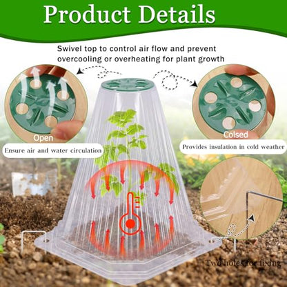 VICAMB 20 Pack Garden Cloches for Plants with 40PCS Ground Stakes,Clear Reusable Bell Covers with Rotatable Vent for Plant Protection,Garden Protector from Animals Birds Chicken,7.9" H X 6.7" D